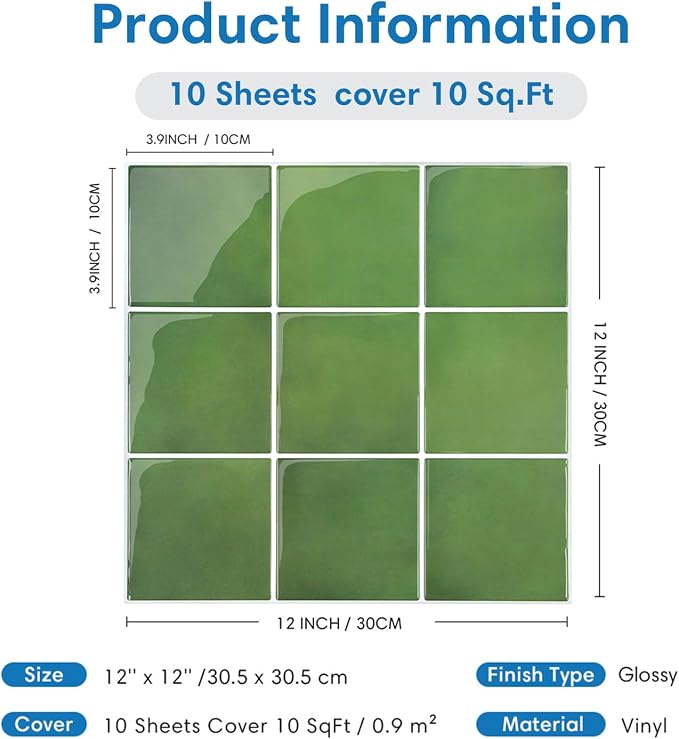 Thicker Peel and Stick 3D Backsplash Tiles Kitchen Bathroom | Green, 10 Pcs 12" x 12", Glossy Self Adhesive Decorative Vinyl Backsplash Wall Sticker, Cover 10 sq ft，Removable，Waterproof