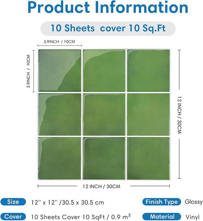 Thicker Peel and Stick 3D Backsplash Tiles Kitchen Bathroom | Green, 10 Pcs 12" x 12", Glossy Self Adhesive Decorative Vinyl Backsplash Wall Sticker, Cover 10 sq ft，Removable，Waterproof