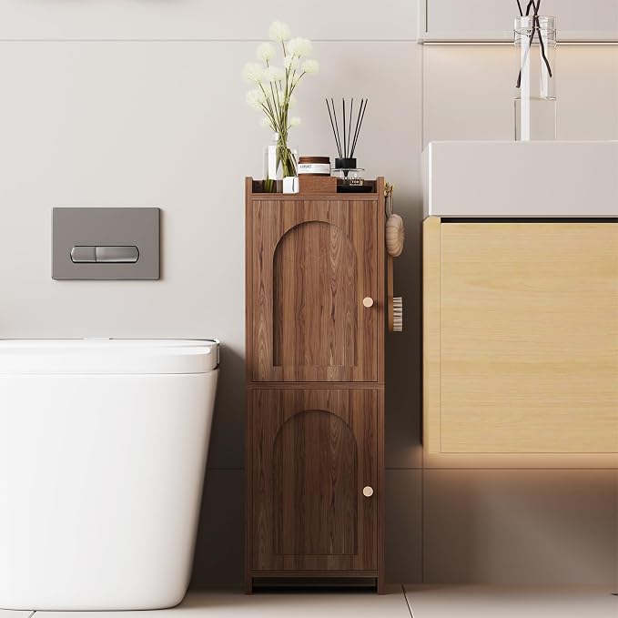 Arbuxzuy Small Bathroom Storage Cabinet with 2 Doors and Adjustable Shelf | Brown Corner Floor Cabinet, Narrow Toilet Paper Cabinets with 2Hooks,Toilet Organizer for Small Spaces, 7.87"D*9.84"W*29.72"H