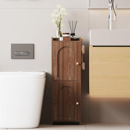Arbuxzuy Small Bathroom Storage Cabinet with 2 Doors and Adjustable Shelf | Brown Corner Floor Cabinet, Narrow Toilet Paper Cabinets with 2Hooks,Toilet Organizer for Small Spaces, 7.87"D*9.84"W*29.72"H