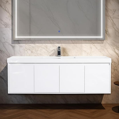 Blossom 60 Inch Floating Bathroom Vanity, Modern Single Sink Vanity with Marine-Grade Plywood, Zero-VOC Glossy White Wall Mounted Cabinet, Pre-Assembled for Easy Plumbing Install