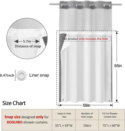 Snap-in Fabric Replacement Liner 59" W x 55" L, for 60" W x 72" L No Hook Shower Curtain
