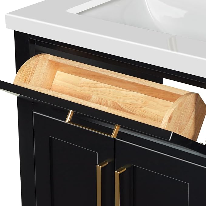 ARIEL Hepburn 60-inch Bathroom Vanity with Sink,Solid Wood, 1.5-inch Pure White Quartz Countertop & Backsplash, Double Rectangular Porcelain Sink, 4 Soft Closing Doors, 6 Dovetail Drawers, Black