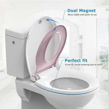 Toilet Seat, Elongated Toilet Seat with Toddler Seat Built in, Potty Training Toilet Seat Elongated Fits Both Adult and Child, with Slow Close and Magnets- Elongated White and Pink