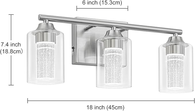 3-Light Brushed Nickel Bathroom Vanity Light with 3 Color Modes (3000K/4000K/6000K), Dimmable Modern Wall Light Over Mirror with Clear Glass Shade