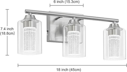 3-Light Brushed Nickel Bathroom Vanity Light with 3 Color Modes (3000K/4000K/6000K), Dimmable Modern Wall Light Over Mirror with Clear Glass Shade
