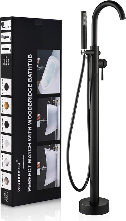 Woodbridge Contemporary Single Handle Floor Mount Freestanding Tub Filler Faucet with Hand Shower in Matte Black Finish,F0006MBRD
