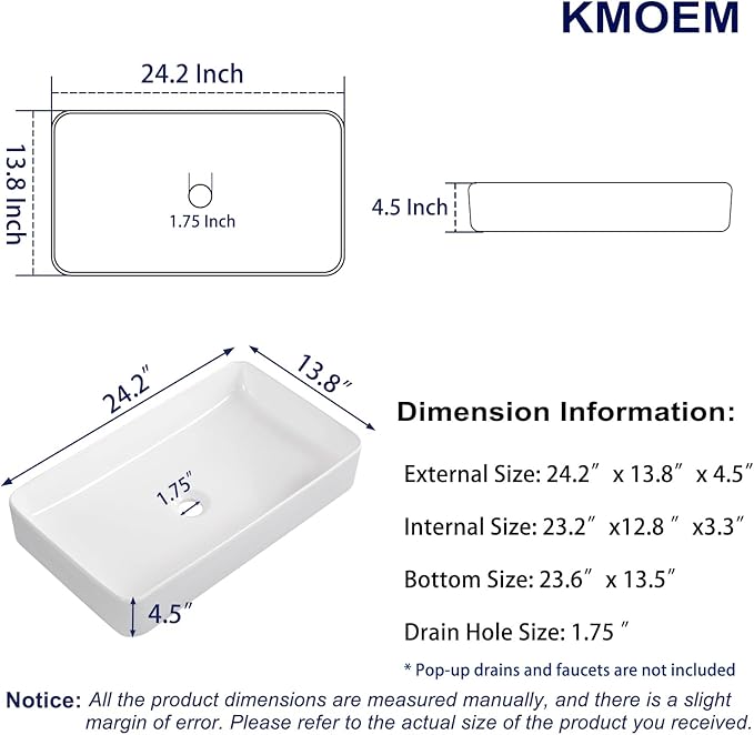 Vessel Sink 24"x14" Rectangular Bathroom Sink Modern White Porcelain Ceramic Above Counter Drop-in Vanity Sink for Bathrooms Art Basin