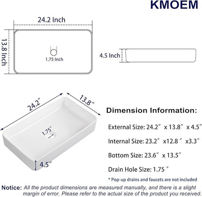 Vessel Sink 24"x14" Rectangular Bathroom Sink Modern White Porcelain Ceramic Above Counter Drop-in Vanity Sink for Bathrooms Art Basin