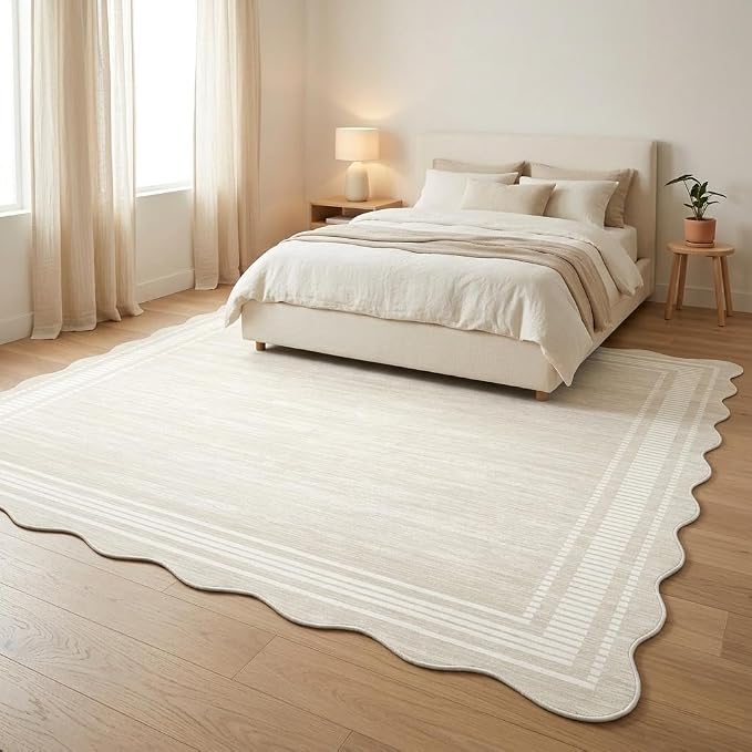 Garvee Washable Scalloped 8x10 Rug Beige Rugs for Living Room | Pet-Friendly Non-Slip Scalloped Rugs for Bedroom, Stain-Resistant Low-Pile Solid Rug for Dining Room Home Office