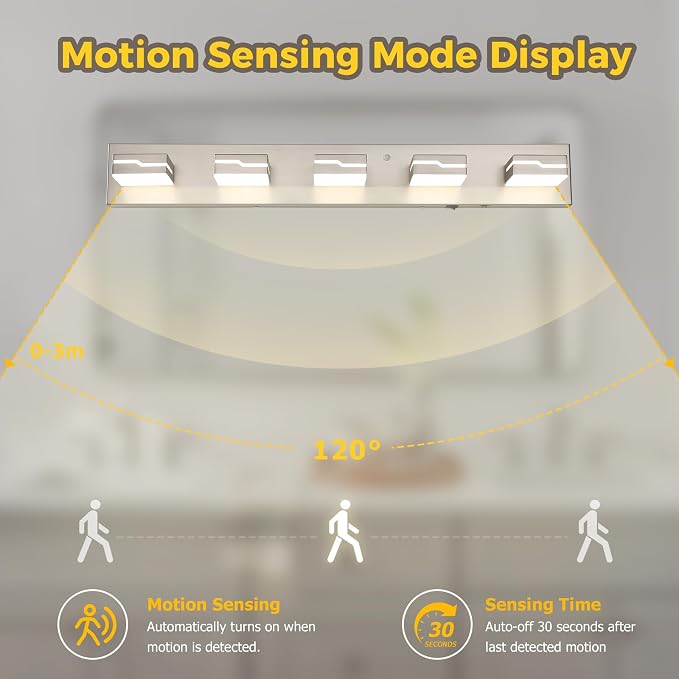 LED Modern Bathroom Vanity Light 5-Light, 32 inch 3CCT Dimmable Nickel Vanity Lights for Bathroom Lighting Fixtures Over Mirror, Wireless Motion Sensor Bathroom Vanity Light