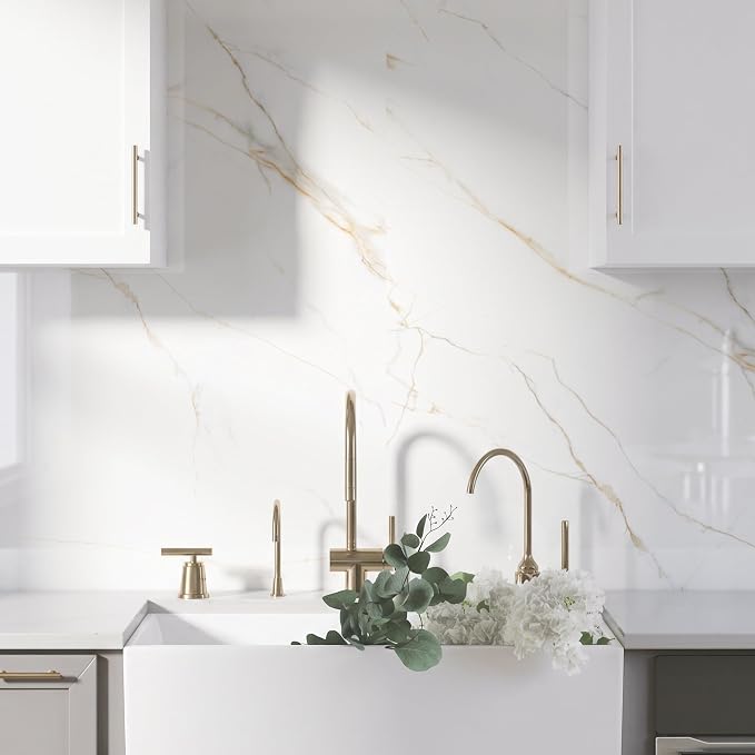 Marble Peel and Stick Waterproof Wall Paneling, 118" x 47" Statuario Gold Glossy Finish Self-Adhesive Backsplash Tile Vinyl Wall Panel for Kitchen Bathroom Wall Decor, Covers 38.75 Sq. Ft.