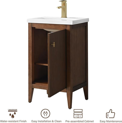 20" Bathroom Vanity with Ceramic Sink, Solid Wood Free-Standing Vanities Cabinet, Ceramic Top, Golden Brushed Handware & Soft Closing Door, Walnut