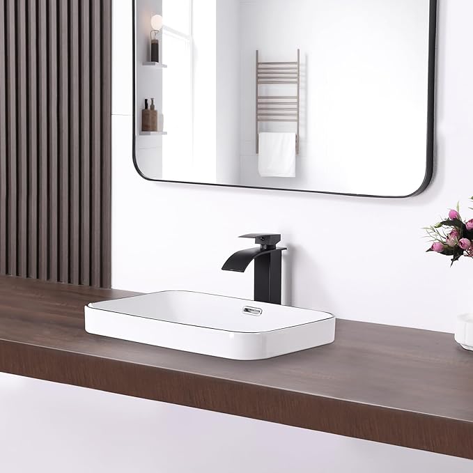 Bathroom Vessel Sink 18.2'' x 13.3'' Semi Recessed Bathroom Sink Rectangular Drop-in Vanity Sink with Overflow White with Black Rim Ceramic Modern Art Basin