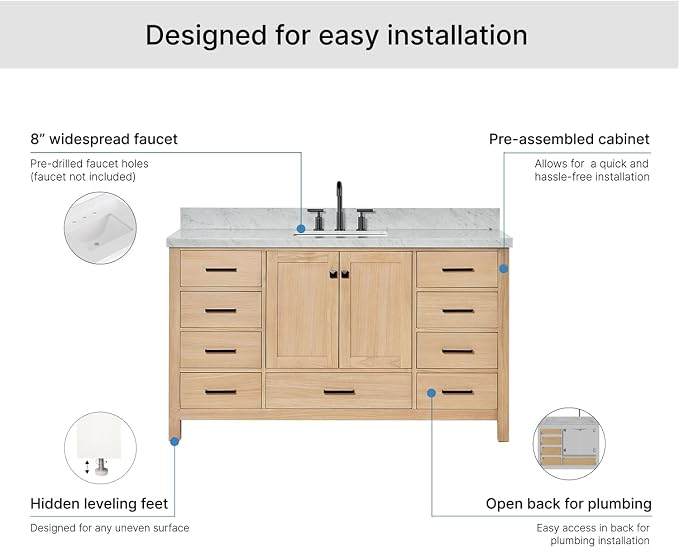 ARIEL Cambridge 60-inch Bathroom Vanity with Sink,Solid Wood, 1.5-inch Italian Carrara Marble Countertop, Single Rectangular Porcelain Sink, 2 Soft Closing Doors, 9 Dovetail Drawers, White Oak