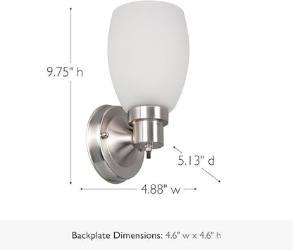 Design House Lydia Wall Sconce, 1 Light, Frosted Glass, Dimmable, Twist On/Off Switch, Satin Nickel, 4.88 in x 5.125 in x 9.75 in, 588814-SN