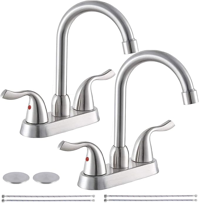 Hotis 2 Pack Bathroom Sink Faucet Brushed Nickel, 4 Inch 2 Handle Bathroom Sink Faucet for 1 or 3 Hole, Centerset Bathroom Faucet for Sink Vanity, with Pop-up Drain and Supply Hoses, HT-BF201
