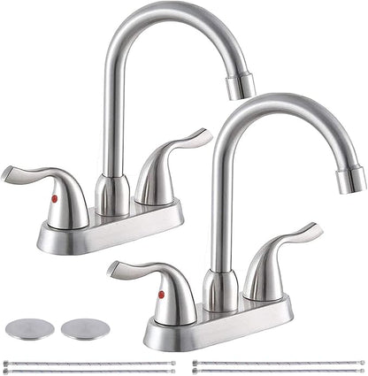 Hotis 2 Pack Bathroom Sink Faucet Brushed Nickel, 4 Inch 2 Handle Bathroom Sink Faucet for 1 or 3 Hole, Centerset Bathroom Faucet for Sink Vanity, with Pop-up Drain and Supply Hoses, HT-BF201