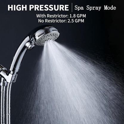 High Pressure Shower Head with Handheld Spray 6 Settings Chrome | Hand Held Shower head with On Off Switch, Spa Spray Mode, 60inches Hose