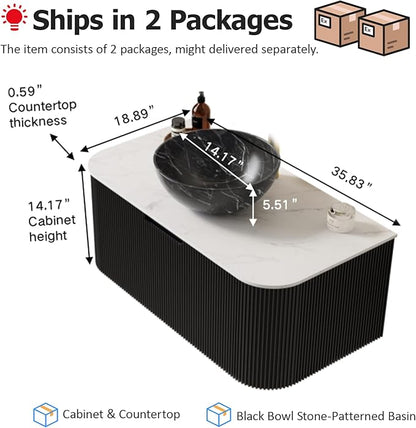 36" Floating Bathroom Vanity with Sink, Natural Solid Wood Modern Bathroom Vanities with Ultra-Thin Marble Bowl Shape Ceramic Basin and Top, Soft-Close Design, Pre-Assembled, Gloss Black