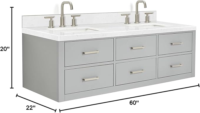 ARIEL Hutton 60-inch Bathroom Vanity with Sink,Solid Wood, 1.5-inch Carrara White Quartz Countertop & Backsplash, Double Rectangular Porcelain Sink, 3 Dovetail Drawers, Grey