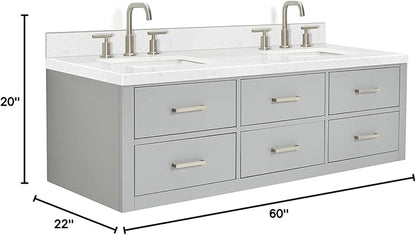 ARIEL Hutton 60-inch Bathroom Vanity with Sink,Solid Wood, 1.5-inch Carrara White Quartz Countertop & Backsplash, Double Rectangular Porcelain Sink, 3 Dovetail Drawers, Grey