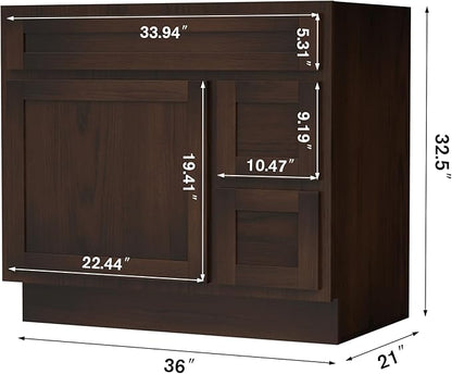 HomeBeyond 36 Inch Bathroom Vanity Base Only, Single Vanity Cabinet with 2 Side Dove-Tailed Drawers, Composable Floor Mount Cabinets Without Top, Rustic Brown