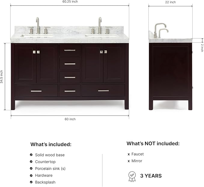 ARIEL Cambridge 60-inch Bathroom Vanity with Sink,Solid Wood, 2-inch Italian Carrara Marble Countertop, Double Rectangular Porcelain Sink, 4 Soft Closing Doors, 6 Dovetail Drawers, Espresso