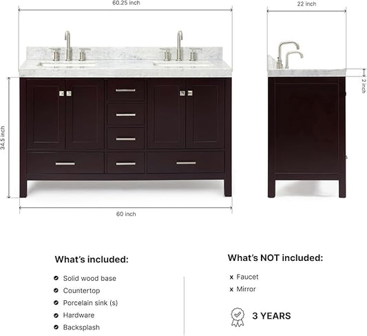 ARIEL Cambridge 60-inch Bathroom Vanity with Sink,Solid Wood, 2-inch Italian Carrara Marble Countertop, Double Rectangular Porcelain Sink, 4 Soft Closing Doors, 6 Dovetail Drawers, Espresso