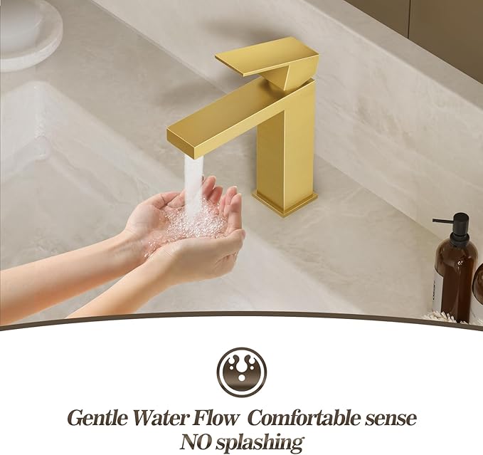Phiestina Single Hole Brushed Gold Square Single Handle Bathroom Vanity Faucet with Metal pop up Drain with Deck Plate, Overflow & Water Supply line,BF3530-BG