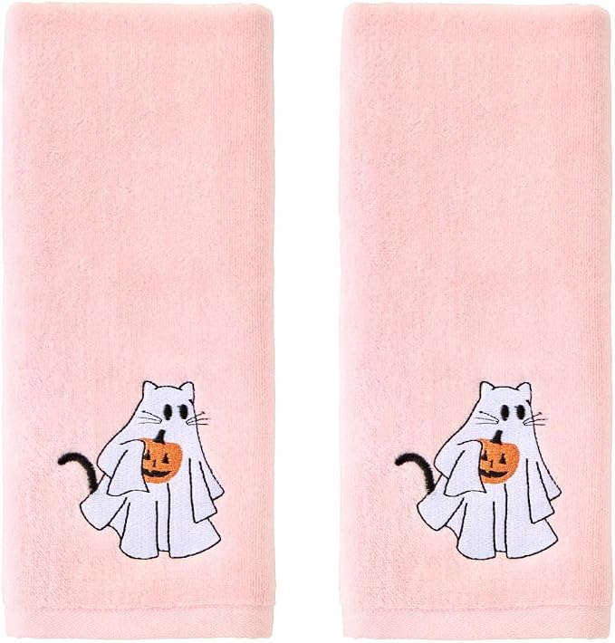 SKL Home Halloween Ghost Cat Hand Towel Set-2pc, 100% Cotton, Pink | Soft, embroidered velour. Great for the bathroom, kitchen or bar & gifting.