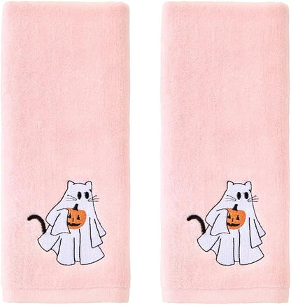 SKL Home Halloween Ghost Cat Hand Towel Set-2pc, 100% Cotton, Pink | Soft, embroidered velour. Great for the bathroom, kitchen or bar & gifting.