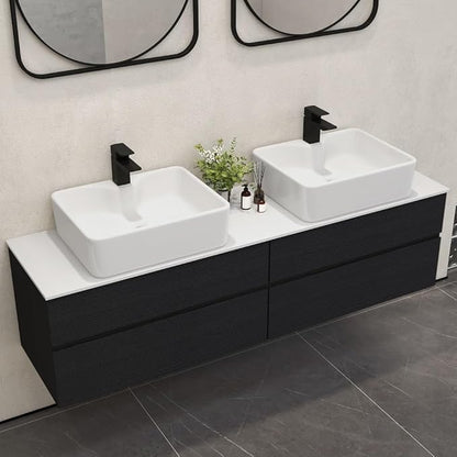 Bathroom Vanity Floating Bathroom Sink Cabinet with Ceramic Vessel Sink Wall Mounted Floating Vanity (Black & White, 59.8" W)