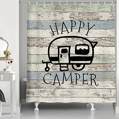 JAWO Happy Campers Shower Curtain Retro Rustic Wood Neutral Color for Travel Trailer Camping Theme Motor RV Bathroom Stall Shower Curtain Set, Waterproof Fabric Shower Cutain, Hooks Include 60X72