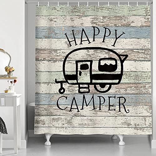 JAWO Happy Campers Shower Curtain Retro Rustic Wood Neutral Color for Travel Trailer Camping Theme Motor RV Bathroom Stall Shower Curtain Set, Waterproof Fabric Shower Cutain, Hooks Include 72X72