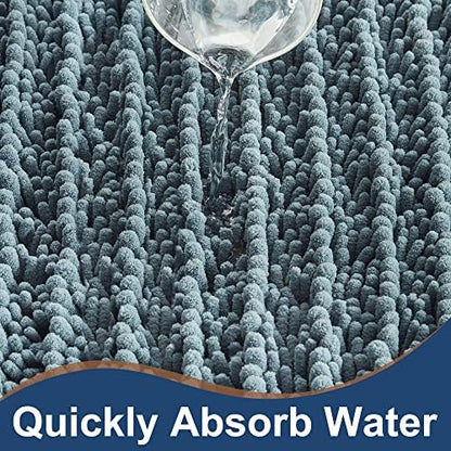 Luxury Chenille Dusty Blue Bathroom Rugs Sets 2 Piece, Thickened Hot Melt Rubber Bottom Bath Mats for Bathroom Non Slip,Bath Rugs Quick Dry Machine Washable for Shower Mat (47"x17"+17"x24")
