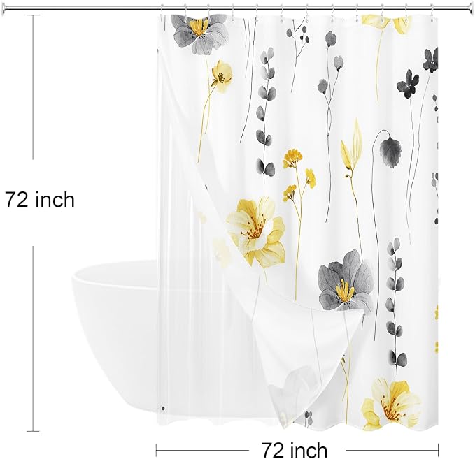3 in 1 Yellow Watercolor Floral Shower Curtain Liner Set, 72x72 | 3 in 1 Shower Curtain Set, PEVA Liner& 12 Double Sided Steel Hooks, Waterproof Fabric Bathroom Curtain