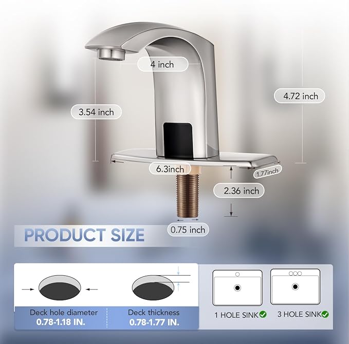 Automatic Touchless Bathroom Sink Faucet Sensor Motion Activated Commercial Faucets Hands Free Infrared Residential Elegant Basin Tap with Deck Plate Water Mixer Valve Control Box (Nickle)