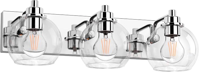 3 Light Bathroom Light Fixtures-Chrome Bathroom Vanity Lights, Modern Vanity Lights 3-Light Bathroom Lighting Fixtures Over Mirror with Clear Glass Globe Shade