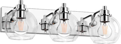 3 Light Bathroom Light Fixtures-Chrome Bathroom Vanity Lights, Modern Vanity Lights 3-Light Bathroom Lighting Fixtures Over Mirror with Clear Glass Globe Shade