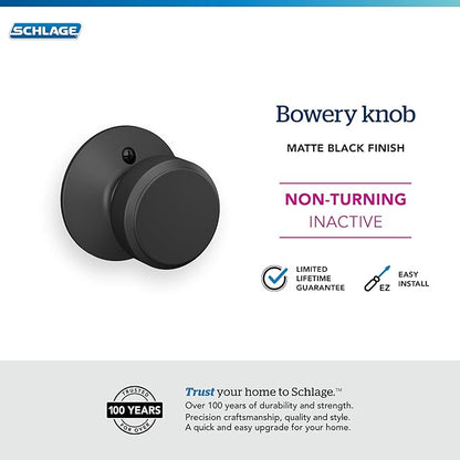 Schlage F170 BWE 622 Bowery Door Knob, One Sided Non-Turning Dummy Door Handle, Matte Black