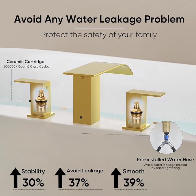 RUMOSE Roman Bathtub Faucet Set Waterfall Tub Faucets Brushed Gold | High Flow Widespread 6-16 Inch 3 Holes Deck Mount Tub Filler 2 Handles Bathtub Filler Soaking Bath Faucet