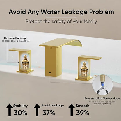 RUMOSE Roman Bathtub Faucet Set Waterfall Tub Faucets Brushed Gold | High Flow Widespread 6-16 Inch 3 Holes Deck Mount Tub Filler 2 Handles Bathtub Filler Soaking Bath Faucet