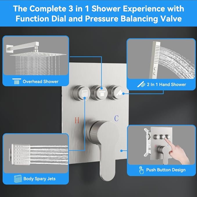 Brushed Nickel Shower Systems with 4 Body Spray Jets, STARBATH 12" Rainfall Shower Head with Handheld Combo, Can Use All at Once, Push Button Shower Jets System in Wall Shower Faucet Sets Complete