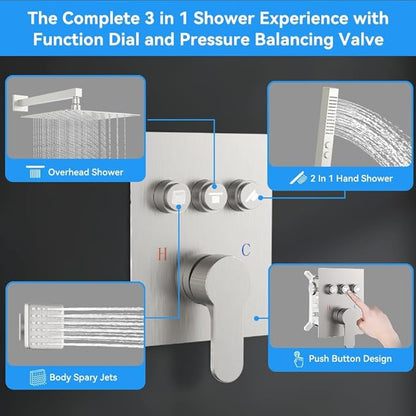 Brushed Nickel Shower Systems with 4 Body Spray Jets, STARBATH 12" Rainfall Shower Head with Handheld Combo, Can Use All at Once, Push Button Shower Jets System in Wall Shower Faucet Sets Complete