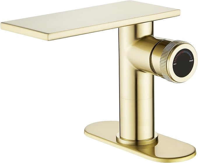 becola Modern Brushed Gold Bathroom Faucet，Waterfall Faucet for Bathroom Sink，Single Hole Cold and Hot Basin Mixer Tap，Single Handle Vanity Faucet with Adjust Knobs and Deck Plate