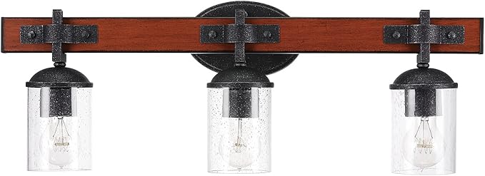 GLOBE Electric 51854 Kingston 3-Light Vanity Light, Dark Faux Wood, Galvanized Metal Accents, Clear Seeded Glass Shade, Bulb Not Included