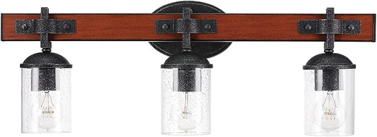 GLOBE Electric 51854 Kingston 3-Light Vanity Light, Dark Faux Wood, Galvanized Metal Accents, Clear Seeded Glass Shade, Bulb Not Included