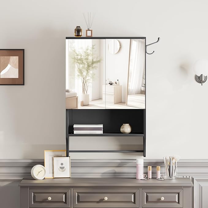 Bathroom Wall Cabinet with Mirror, Medicine Cabinet with 2 Door and Adjustable Shelf, Wall Mounted Over The Toilet Storage Cabinet for Bathroom Laundry Room Kitchen, 18.9"W x 26.2"H, Black