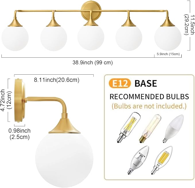 Brushed Gold Bathroom Light Fixtures Over Mirror Vanity 5-Light | Mid Century Modern Brushed Gold Wall Sconce with Milky White Glass Ball Shades for for Bathroom Dressing Table Bedroom